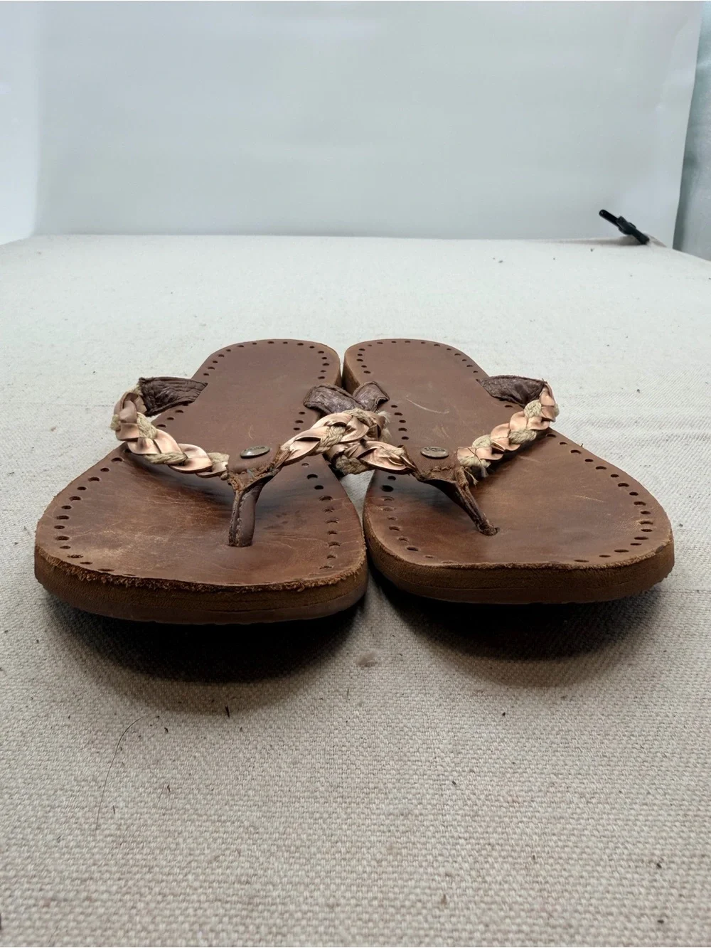 UGG Brown Braided Leather Thong Sandals with Tan Accents